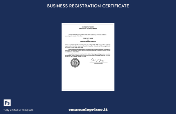 stile verificato Certificato di registrazione USA Wyoming Modello Word e PDF, mo